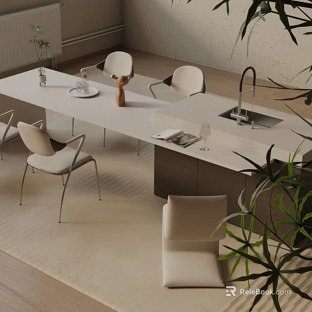 Modern Minimalist Dining Table Set With White Tabletop And Comfortable Dining Chairs 3d model 
