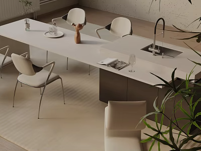 Modern Minimalist Dining Table Set With White Tabletop And Comfortable Dining Chairs 3d model
