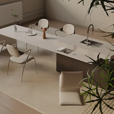 Modern Minimalist Dining Table Set With White Tabletop And Comfortable Dining Chairs 3d model