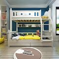 White Wooden Bunk Bed In Kids Room Featuring Yellow Bedding Blue Pillows And Storage Drawers