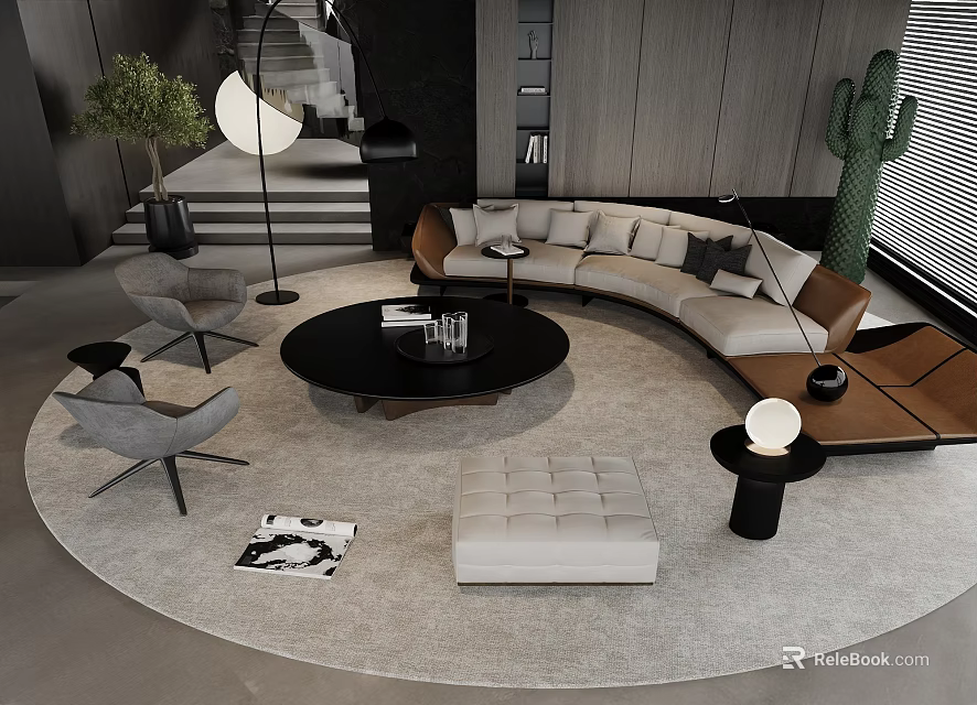 Modern Living Room Interior With Curved Sofa Round Coffee Table Floor Lamp And Green Plants 3d model 