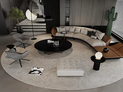 Modern Living Room Interior With Curved Sofa Round Coffee Table Floor Lamp And Green Plants 3d model
