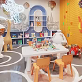 Vibrant Kindergarten Play Space With Colorful Wall Animal Toys Tables Chairs And Hanging Lights