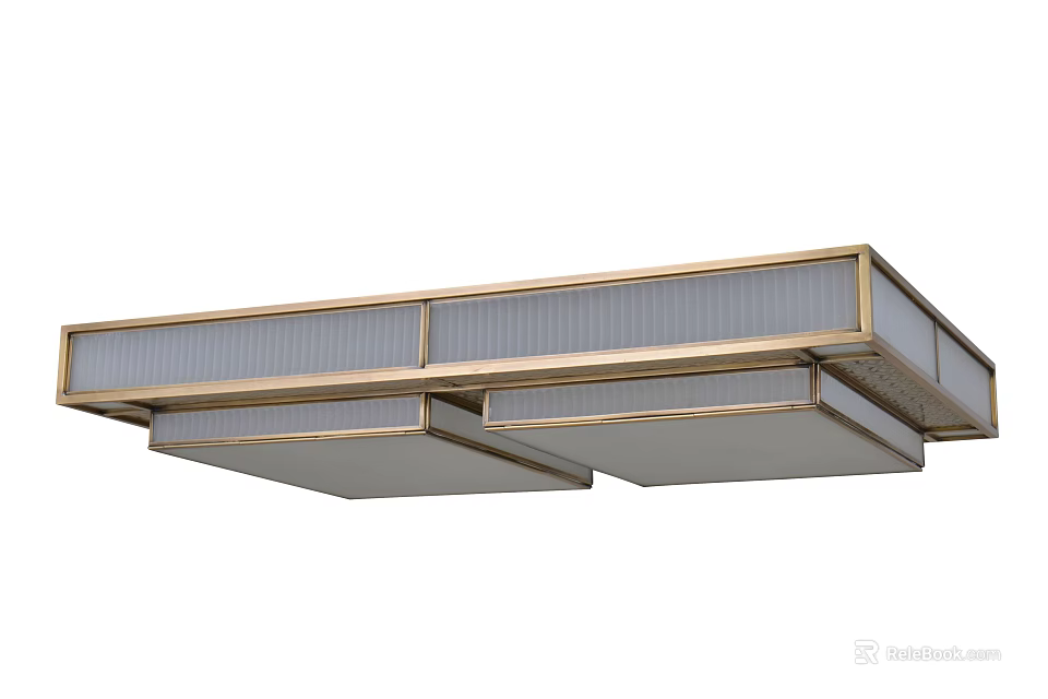 Modern Rectangular Ceiling Light With Gold Metal Frame And Layered Glass Panel Design 3d model