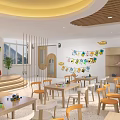 Bright And Spacious Kindergarten Interior With Tables Chairs And Decorations
