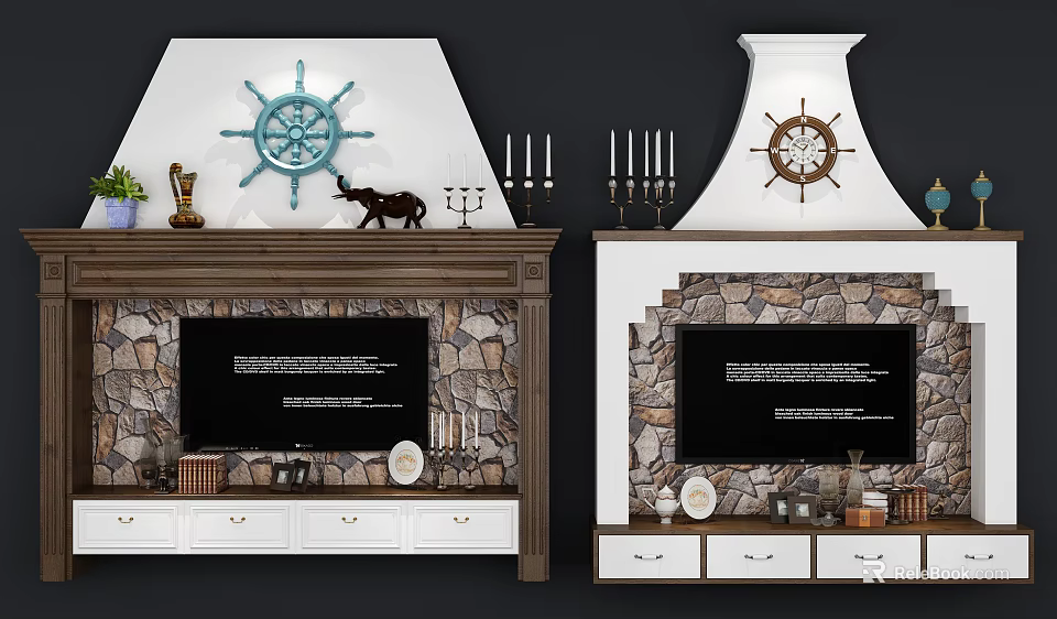 Modern TV Background Wall With Stone Texture Ship Wheel Decor And Ornaments 3d model