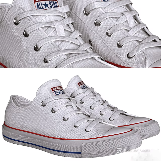 Classic White Canvas Sneakers With Red Blue Accents And Metal Eyelets 3d model 