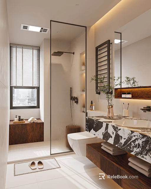 Modern Bathroom Interior Design With Glass Shower Marble Countertop And Wooden Accents 3d model 