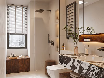 Modern Bathroom Interior Design With Glass Shower Marble Countertop And Wooden Accents 3d model