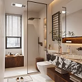 Modern Bathroom Interior Design With Glass Shower Marble Countertop And Wooden Accents