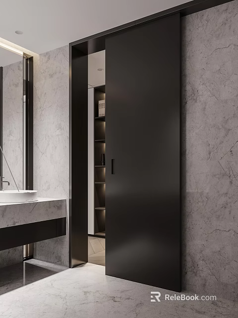 Modern Bathroom Interior With Marble Walls Vanity Sink Mirror Dark Door And Storage Shelves 3d model 