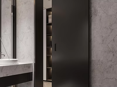 Modern Bathroom Interior With Marble Walls Vanity Sink Mirror Dark Door And Storage Shelves 3d model