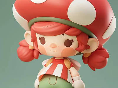 Cute Cartoon Little Girl Sculpture With Red And White Spotted Mushroom Hat And Pigtails 3d model