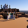 Magical Cartoon Scene with Mountain Cliff Dome Building Green Door Stairs Water and Greenery