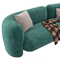 Teal Curved Velvet Sofa with Gray Pillows and Plaid Blanket in Modern Living Room