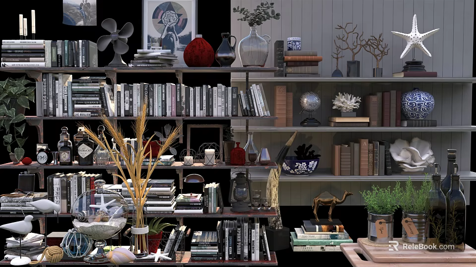 Stylish Bookshelf Interior With Stacked Books Decorative Vases Sculptures And Potted Plants 3d model 
