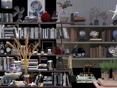 Stylish Bookshelf Interior With Stacked Books Decorative Vases Sculptures And Potted Plants 3d model
