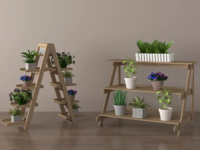 Wooden Ladder Style And Multi Tier Shelving Units With Potted Plants For Indoor Decor 3d model