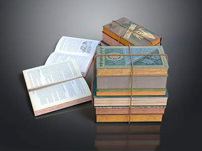 Open And Stacked Books Magazines With Various Vintage Covers Tied With Rope 3d model