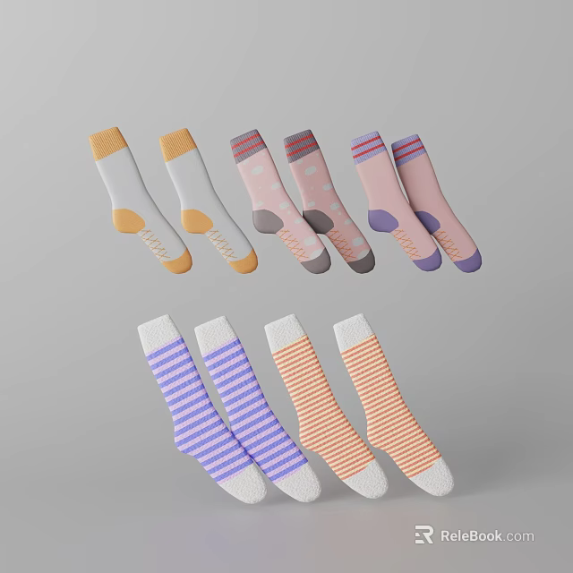 Colorful Socks Collection Featuring Striped And Solid Patterns With Contrast Cuffs 3d model 