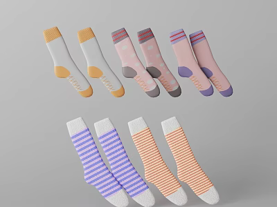 Colorful Socks Collection Featuring Striped And Solid Patterns With Contrast Cuffs 3d model