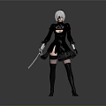 Woman in black lace dress with short white hair holding blue sword wearing long boots