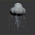 White Cloud with Blue Lightning and Falling Raindrops on Gray Background with Reflection