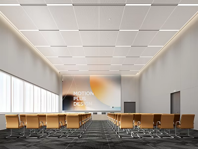 Modern Conference Room Interior With Long Table Yellow Chairs Large Screen Lighting And Windows 3d model
