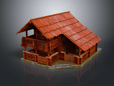 Traditional Log Cabin With Red Tile Roof Wooden Balcony And Porch Structure Design 3d model