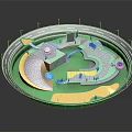 Cartoon Scenario With Circular Layout Roads Green Spaces Small Buildings And Paths