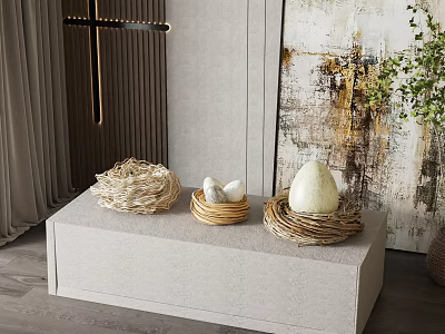 Woven Nest Decorative Ornament Set With Eggs On Display Platform And Abstract Painting 3d model