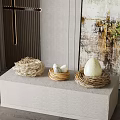 Woven Nest Decorative Ornament Set With Eggs On Display Platform And Abstract Painting