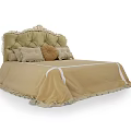 Elegant Light Colored Double Bed With Carved Headboard Frilled Bedspread And Decorative Pillows