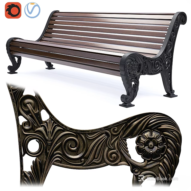 Ground Mounted Wooden Slat Bench With Ornate Metal Frame And Carvings 3d model 