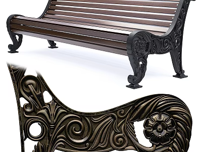 Ground Mounted Wooden Slat Bench With Ornate Metal Frame And Carvings 3d model