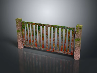 Stone Post Garden Fence With Vertical Bars Moss Covered Rust Red Green Traces 3d model