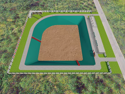 Aerial View of Enclosed Brown Area With Green Surroundings and Perimeter Fence 3d model