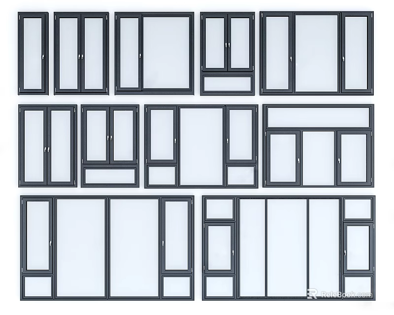 Various Window Designs Featuring Different Sizes Frames And Glass Panels 3d model