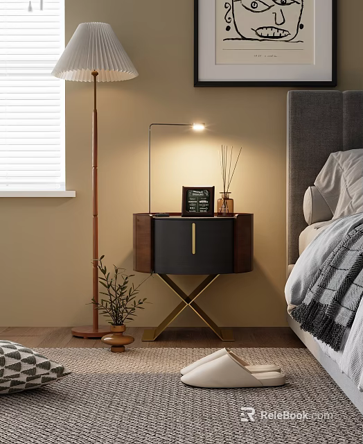 Modern Bedside Table With X Shaped Legs Gold Accents Lamp And Aromatherapy Diffuser In Bedroom 3d model 