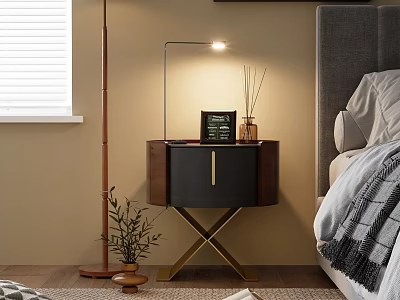 Modern Bedside Table With X Shaped Legs Gold Accents Lamp And Aromatherapy Diffuser In Bedroom 3d model
