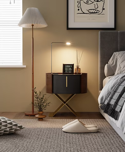 Modern Bedside Table With X Shaped Legs Gold Accents Lamp And Aromatherapy Diffuser In Bedroom 3d model