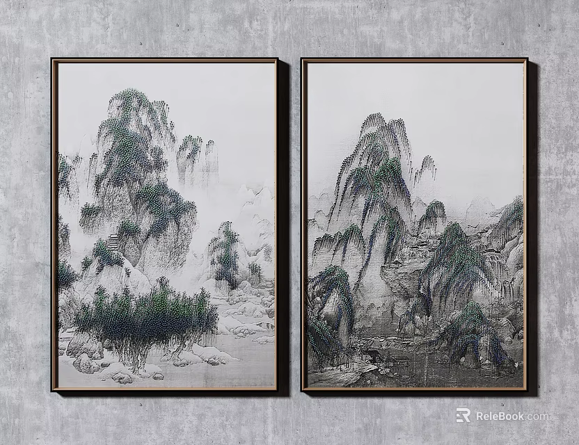 Traditional Chinese Landscape Paintings Two Panel Hanging On Gray Wall With Dark Frames 3d model 