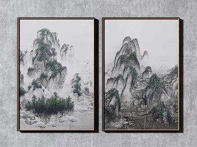 Traditional Chinese Landscape Paintings Two Panel Hanging On Gray Wall With Dark Frames 3d model