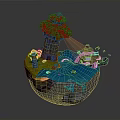 3D Crystal Sphere Model Scene With Red Tower Green Land Blue Water And Small Boat