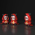 Three Cartoon Characters With Red Cloaks Holding Glowing Objects On Black Reflective Surface 3d model