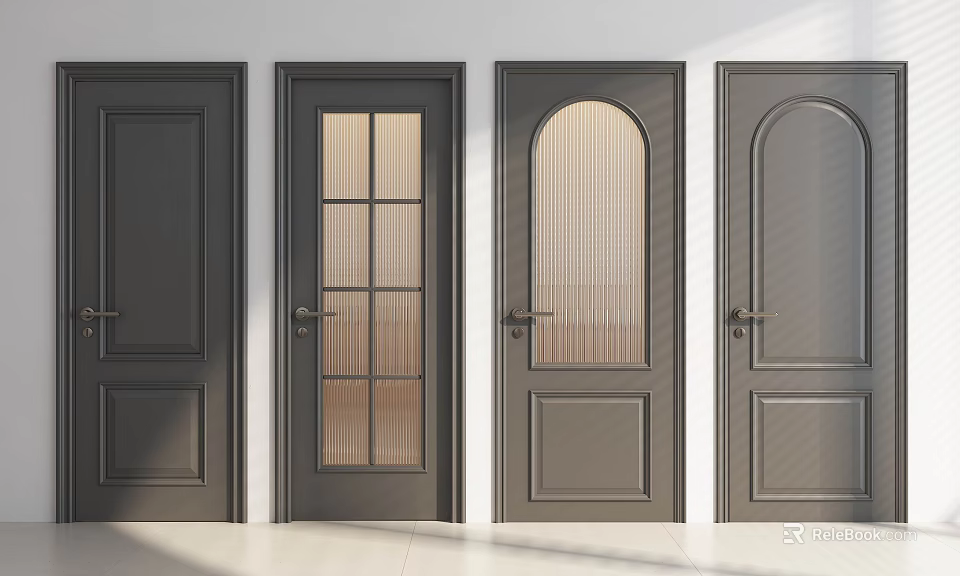 Modern Hinged Doors with Various Styles Glass Panels and Dark Finish for Interior Design 3d model 