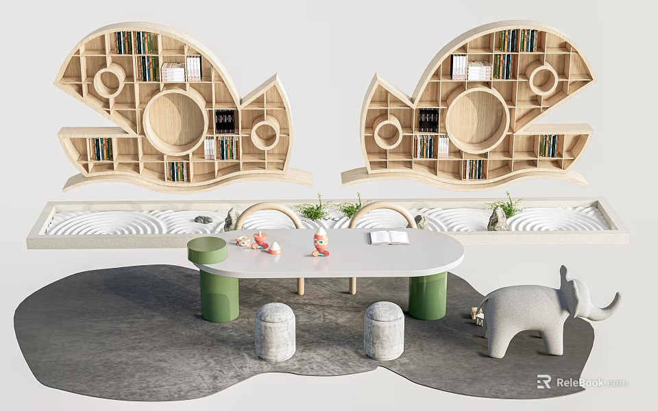 Snail Shaped Wooden Display Shelves With Books Circular Designs And Table Stools 3d model 