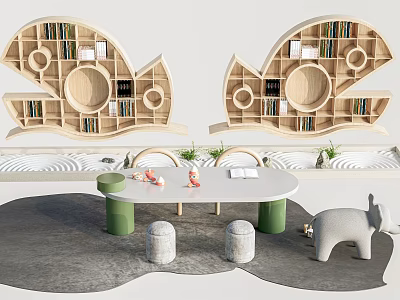 Snail Shaped Wooden Display Shelves With Books Circular Designs And Table Stools 3d model