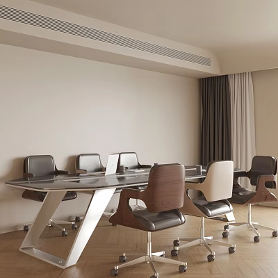 Contemporary Meeting Table and Chairs Featuring Glass Top Metal Frame and Multi Colored Seats 3d model