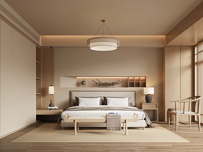 Modern Bedroom Interior With Warm Tones Wooden Furniture Pendant Light And Area Rug 3d model